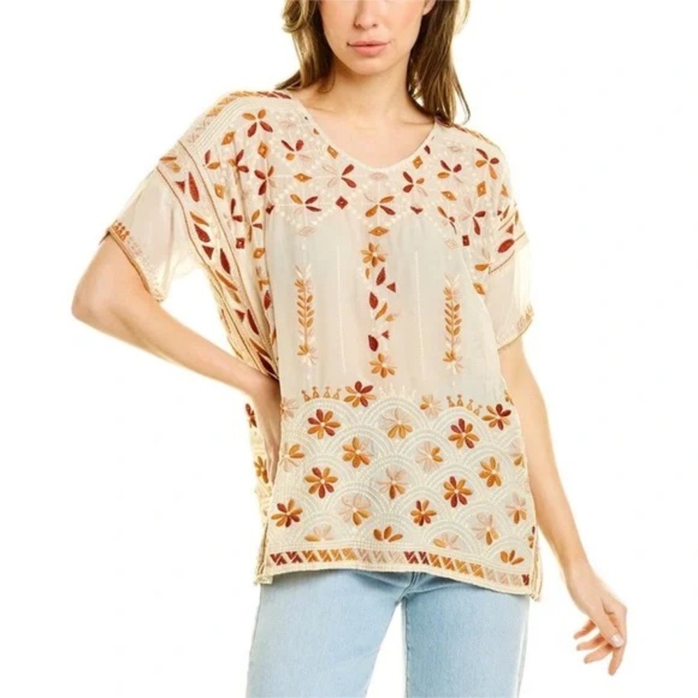 Johnny Was Aubrey Boho Embroidered Short Sleeve Blouse Top Cream Earth Tones
